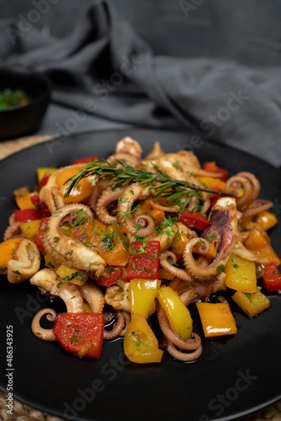 Obraz Octopus salad with herb vegetables, Fresh and healthy salad seafood squid octopus tentacles