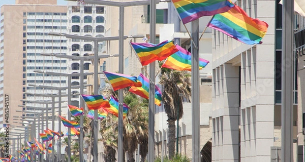 Obraz Tel Aviv, Israel - June, 2021: The annual pride parade in Tel Aviv. Thousands of people are celebrating and marching along the sea side. High quality photo