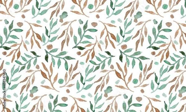 Fototapeta Green brown boho seamless watercolor set with white background. Product packaging, design, fabric, print