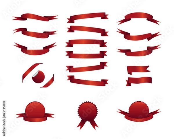 Fototapeta Set of red ribbon banners. Color vector illustration for advertising, greeting cards. White isolated background.