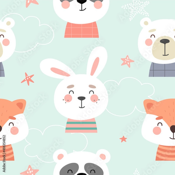 Fototapeta Seamless pattern with cute animals, print for fabric, cover, wrapping paper, collage. Vector illustration.