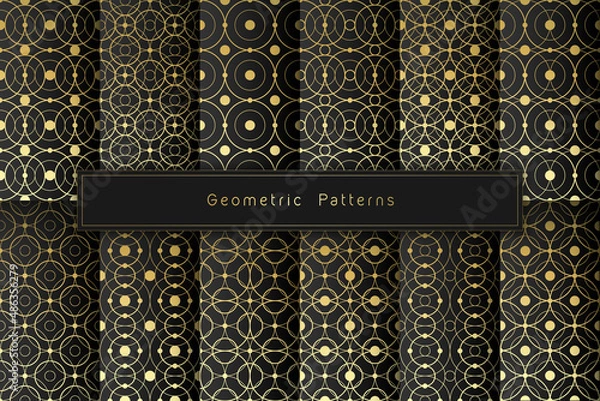 Fototapeta Vector set of 12 golden graphic line geometric seamless patterns on black background; Sacred geometry and dot work motifs; Minimalist style.