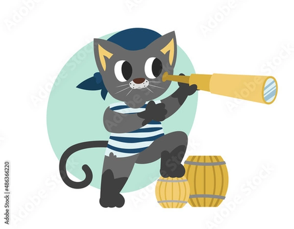 Obraz Pirate cat looking through spyglass. Anthropomorphic animal in flat style