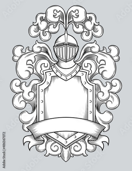 Fototapeta Graphic Art Line Drawing of Heraldic Coat of Arms. Shield with Helmet, Plume and Ribbon. Engraving Style Layout for Emblem or Logo. Black and White Isolated Vector Illustration.