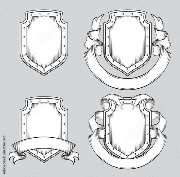 Fototapeta Graphic Art Line Drawing of Shield and Ribbon. Engraving Style Layout for Emblem or Logo. Coat of Arms Heraldic Emblem. Black and White Isolated Vector Illustration.