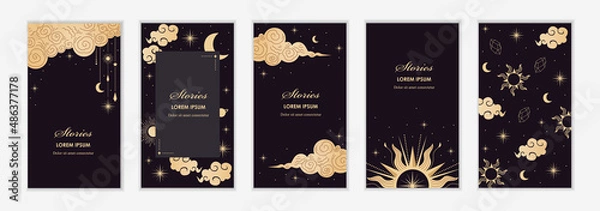 Obraz Social media templates. Mystical and astrological symbols. Golden ornament. A set of magical templates for stories, flyers, posters, cards, brochures. Vector illustration.