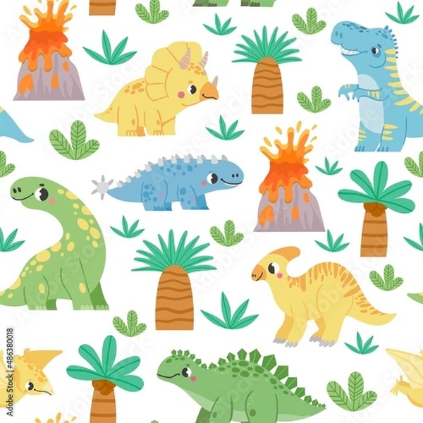 Fototapeta seamless cartoon pattern with cute dinosaurs, trees and palm in Scandinavian style. Kids print with funny dino for fabric, wallpaper, textile.Vector illustration