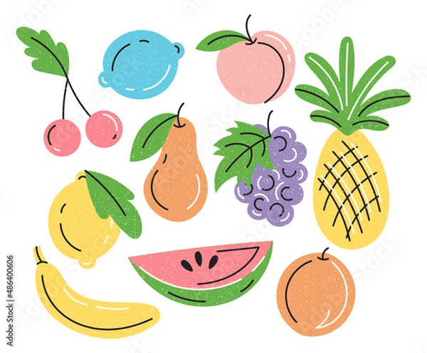 Fototapeta A set of illustrations of tropical exotic and garden fruits with a grainy texture. Doodles,cartoon isolated on a white background.