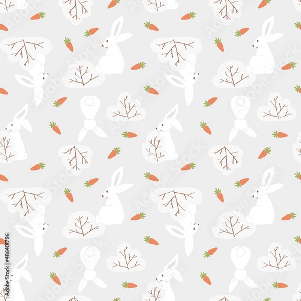 Fototapeta White hares on field with carrots and bushes. Simple winter seamless background. Vector illustration. Hand drawn and flat style.