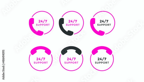 Fototapeta Set of 24 hours call center icon vector | 24 7 support icon sign button | call center symbol icon template
