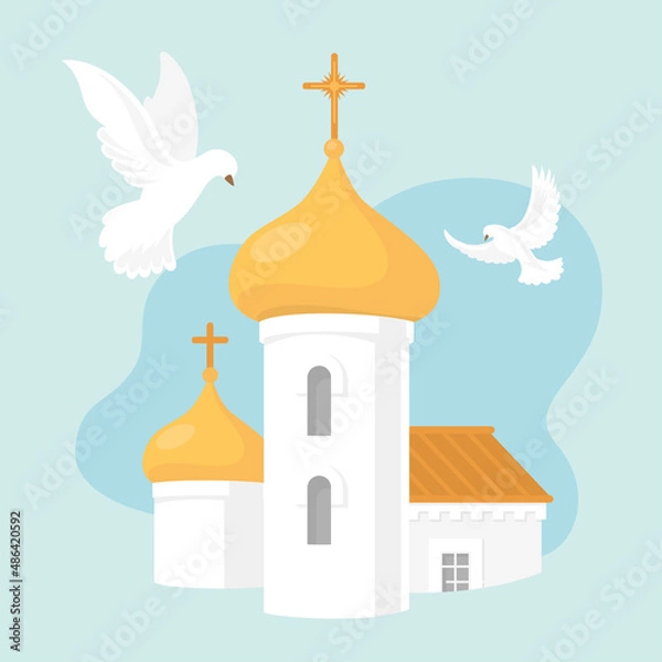 Obraz Temple with golden domes and white doves against the blue sky. Vector image.