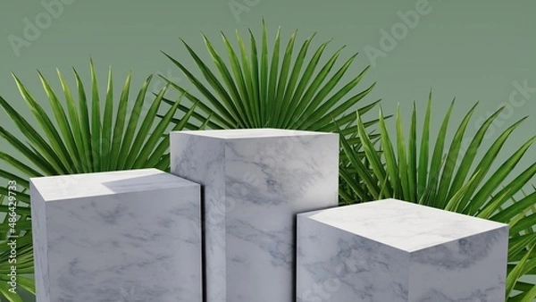 Fototapeta 3d abstract background with marble pedestal and palm leaves. Minimalistic realistic image of an empty podium to showcase cosmetics products.	