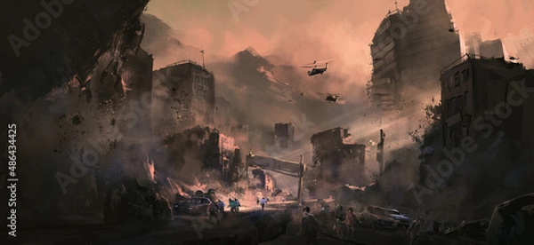 Fototapeta Apocalyptic destruction scene, 3D illustration