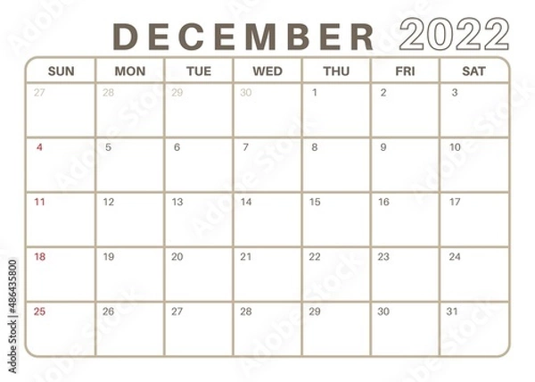 Fototapeta Simple Monthly Calendar December 2022