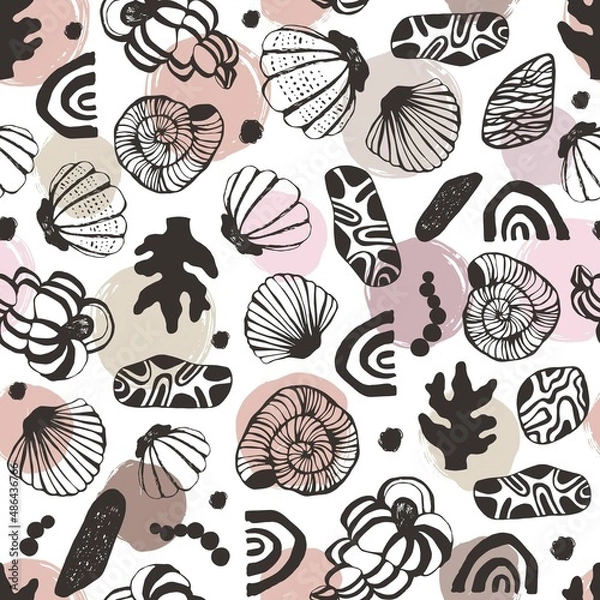 Fototapeta Seamless pattern with seashells. Vector background.