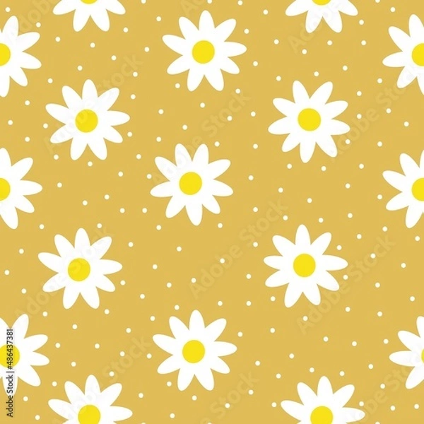 Fototapeta Seamless vintage pattern. White flowers and dots. Yellow background. vector texture. fashionable print for textiles, wallpaper and packaging.