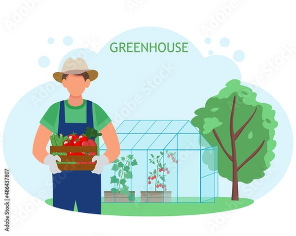 Fototapeta Man farmer with homemade vegetables in his hands on the background of a greenhouse. Vector illustration.