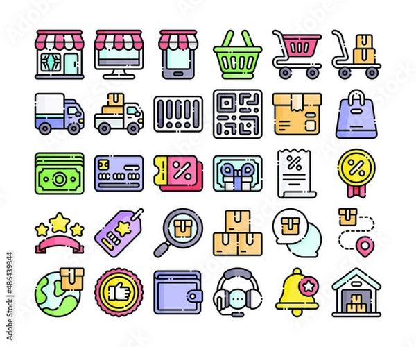 Obraz Simple set of 30 e-commerce icons in detailed outline color style