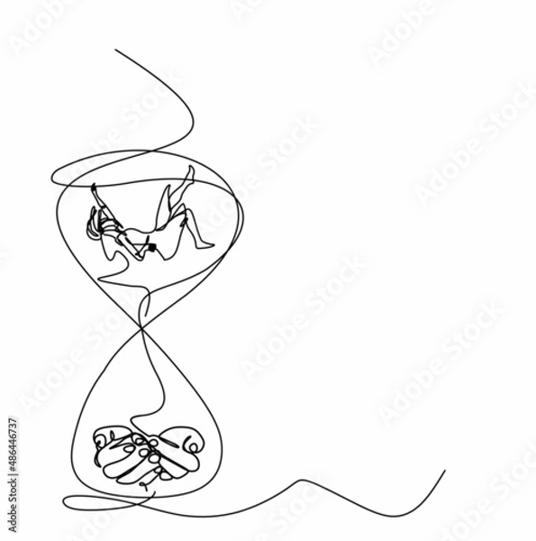 Fototapeta a continuous drawing of an hourglass, a woman falling into reliable male hands. The concept of the psychology of trust