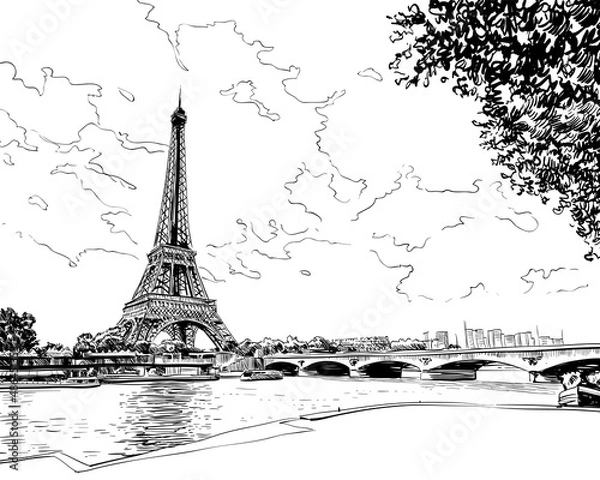 Fototapeta Eiffel Tower vector sketch. Paris, France. Hand drawn vector illustration