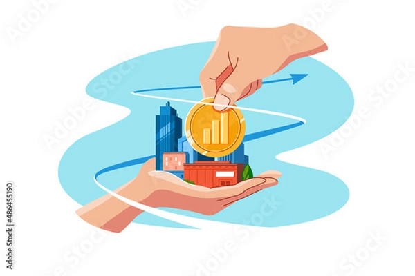 Fototapeta Hand holding coin, investment in real estate