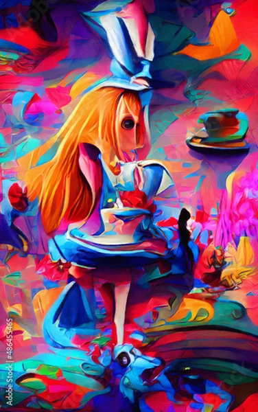 Fototapeta Wall art paining in oil mixed style, stock, contemporary impressionism artwork for sale, vibrant abstract art, colorful brush strokes, print for interior. Alice in wonderland artwork theme, madness