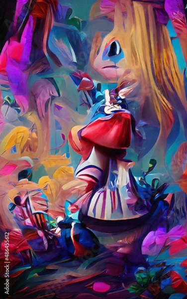 Obraz Wall art paining in oil mixed style, stock, contemporary impressionism artwork for sale, vibrant abstract art, colorful brush strokes, print for interior. Alice in wonderland artwork theme, madness