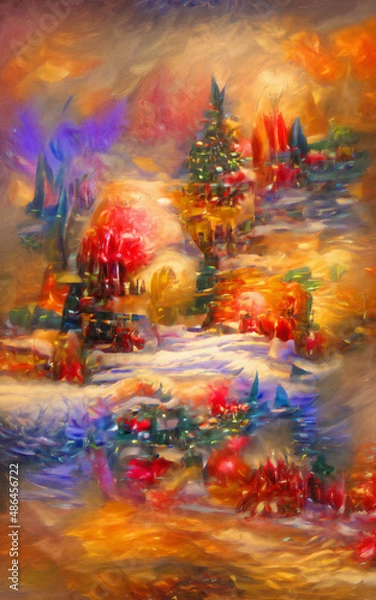 Fototapeta Wall art paining in oil mixed style, stock, contemporary impressionism artwork for sale, vibrant abstract art, colorful brush strokes, print for interior. Fantasy, magic surreal digital NFT artwork