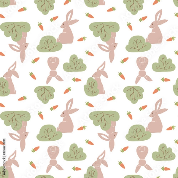 Fototapeta Summer brown rabbits on field with bushes and carrots. Cute simple seamless pattern. Vector illustration with hares in hand drawn style.