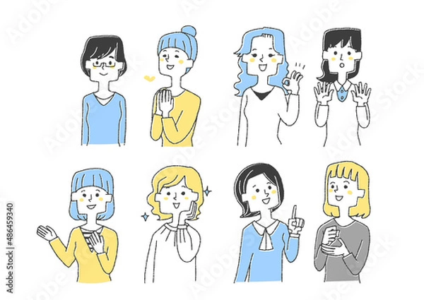 Fototapeta いろんなポーズの若い女性のセット　コミカルな手書きの人物イラスト　ベクター線画にシンプルな色つけ　　