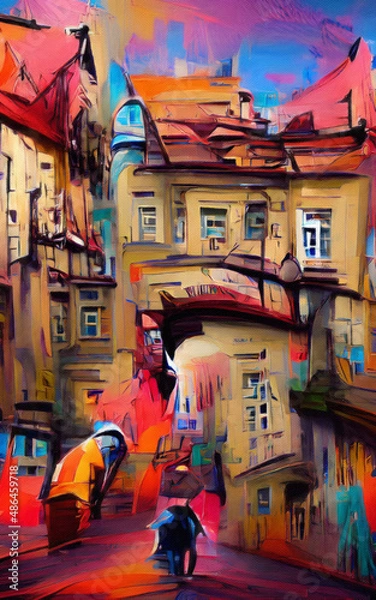 Fototapeta Wall art paining in oil mixed style, stock, contemporary impressionism artwork for sale, vibrant abstract art, colorful brush strokes, print for interior. European city old street and houses, tourism