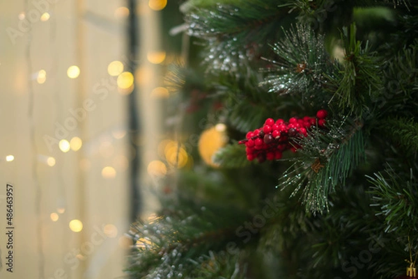 Fototapeta Close up photo of red berries on a christmas tree. New year, christmas time, decoration, selective focus. High quality photo