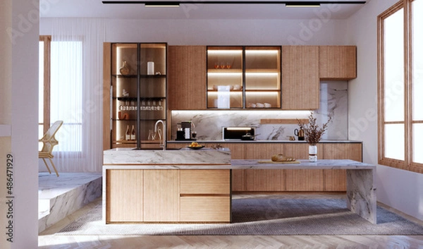 Obraz 3d rendering,3d illustration, Interior Scene and  Mockup,Modern style kitchen, kitchen counter and island, wood grain material and white marble, partially decorated with glass front.