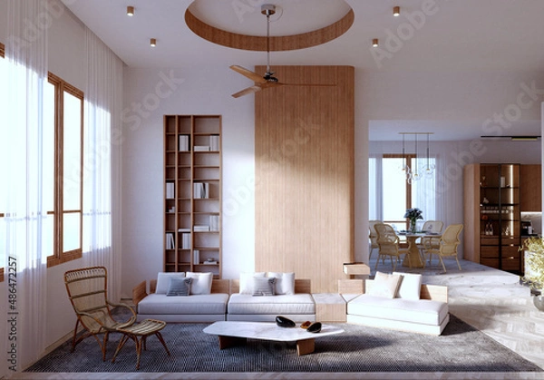 Obraz 3d rendering,3d illustration, Interior Scene and  Mockup,Focal corner, modern style living room, decorated with wood and built-in wooden bookshelf, drop ceiling, round wall with wooden fan.
