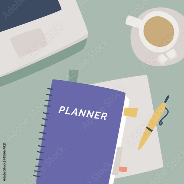 Fototapeta Time planning concept. Top view of notepad with word planner on desktop, pencil, coffee, sticker.