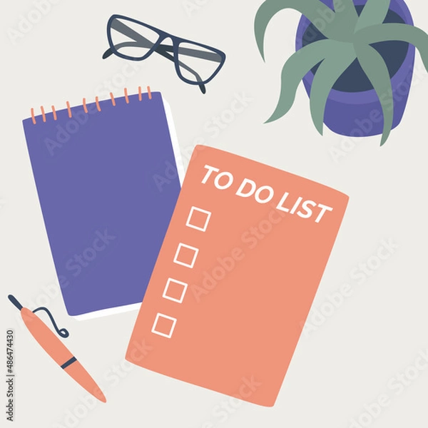 Fototapeta Table with boxes for completed tasks. Case sheet. A complete to-do list with goals and objectives. Notepad pen glasses houseplant.