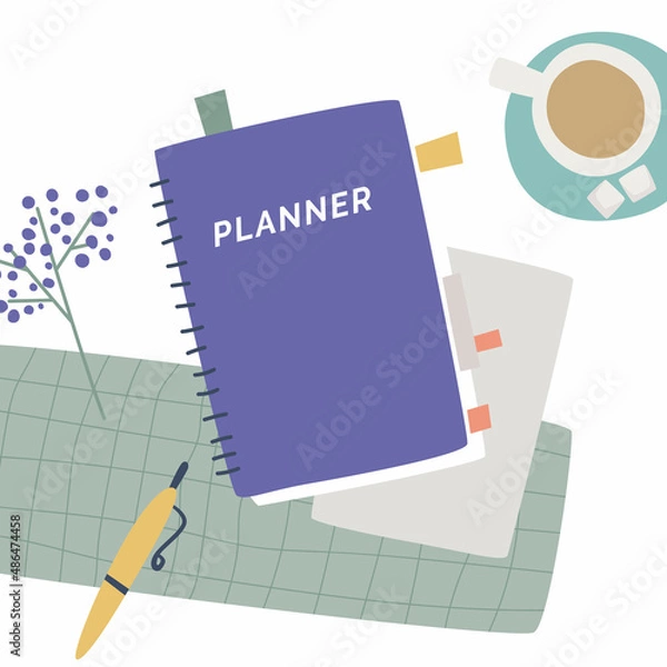 Fototapeta Time planning concept. Top view of notepad with word planner on desktop, pencil, coffee, sticker.