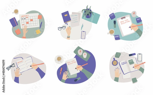 Fototapeta A set of hands holding pens and pencils, writing a letter on paper, making notes in a notebook, filling out a diary and planners, signing business documents.