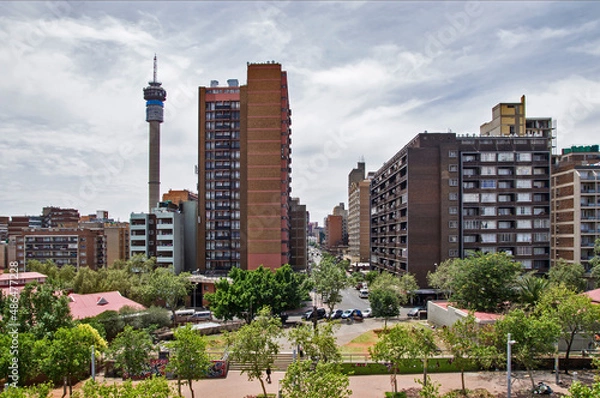 Fototapeta View from Constitutional Hill to cityscape of Johannesburg. Hilbrow Tower in the background. South Africa.