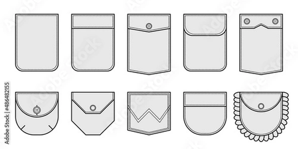 Fototapeta Set of patch pocket for clothing. Vector icons, isolated on a white background.