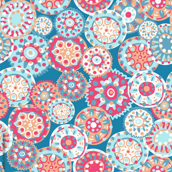 Obraz Original vector seamless pattern with doodle circles in the ethnic style of India, Persia and other Arab and Eastern countries. Variegated and multi-colored ornament for printing on fabrics