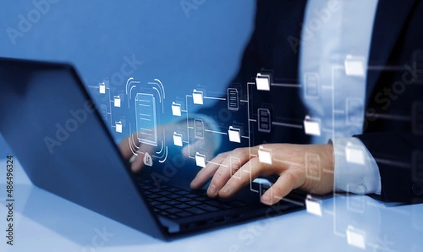 Fototapeta Automation software to archiving and efficiently manage  and information files. Internet Technology Concept. Document Management System (DMS). 