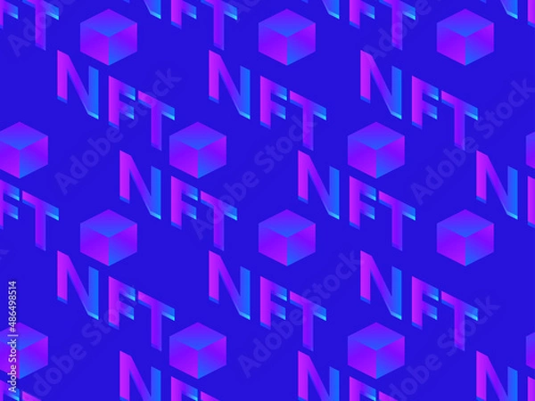 Fototapeta NFT token isometric text with cube seamless pattern. NFT non-fungible token. Digital art in blockchain technology. Design for banners and promotional items. Vector illustration
