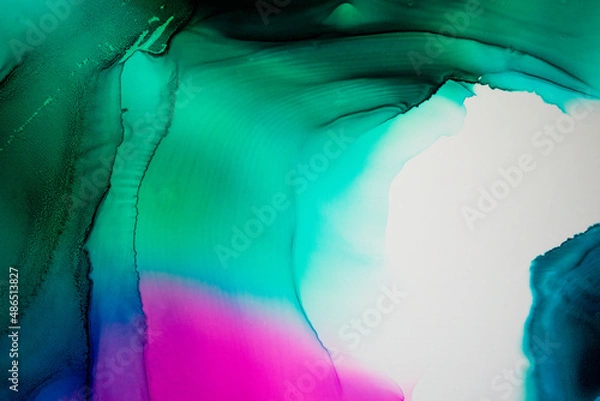 Fototapeta Abstract fluid art painting background in alcohol ink technique, mixture of magenta, purple and bgreen paints. Transparent overlayers of ink create veins, swirls and gradients.