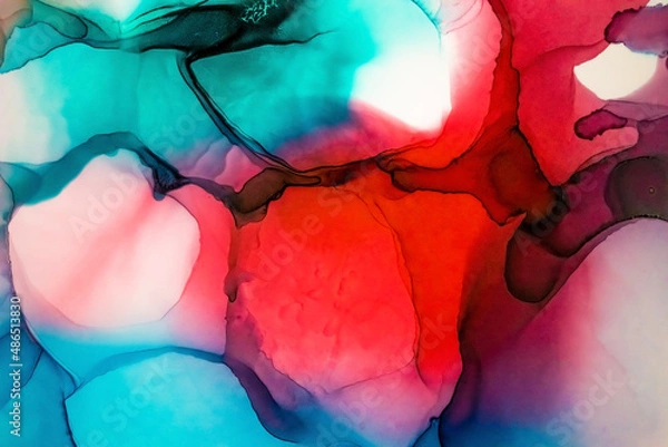 Fototapeta Abstract fluid art painting background in alcohol ink technique, mixture of magenta, purple and blue paints. Transparent overlayers of ink create glowing golden veins and gradients.