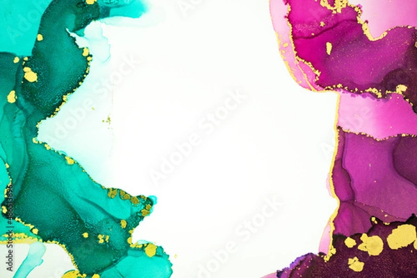 Fototapeta Abstract fluid art painting frame background in alcohol ink technique, magenta and green paints. Transparent overlayers of ink create glowing golden veins and gradients.