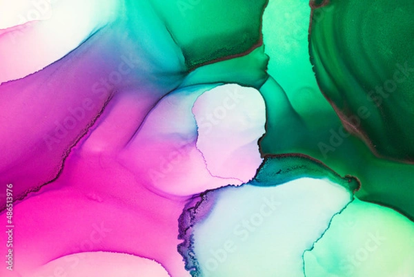 Fototapeta Abstract fluid art painting background in alcohol ink technique, mixture of magenta, purple and green paints. Transparent overlayers of ink create glowing golden veins and gradients.
