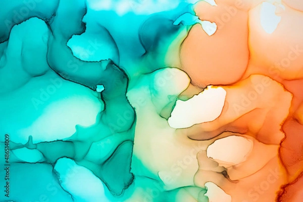 Fototapeta Abstract fluid art painting background in alcohol ink technique, mixture of blue and orange paints. Transparent overlayers of ink create veins, swirls and gradients.