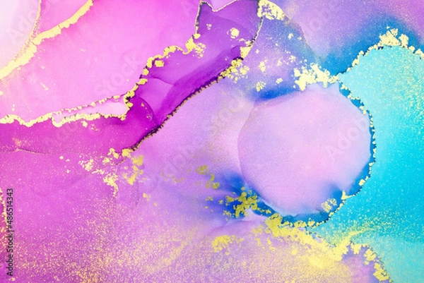 Fototapeta Abstract fluid art painting background in alcohol ink technique, mixture of magenta, purple and blue paints. Transparent overlayers of ink create glowing golden veins and gradients.
