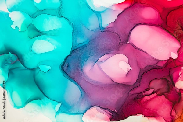 Fototapeta Abstract fluid art painting background in alcohol ink technique, mixture of magenta, purple and blue paints. Transparent overlayers of ink create veins, swirls and gradients.